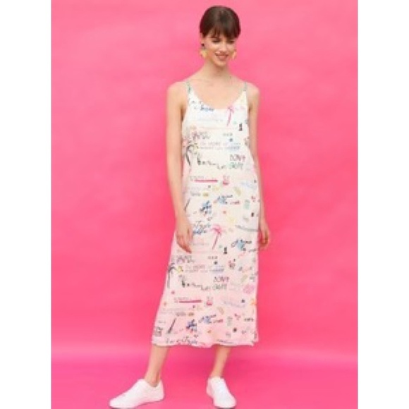 NWT!! VILAGALLO Gina Maxi Dress Vacation Colorful Script Shift Midi 40 US 6 - Picture 1 of 16